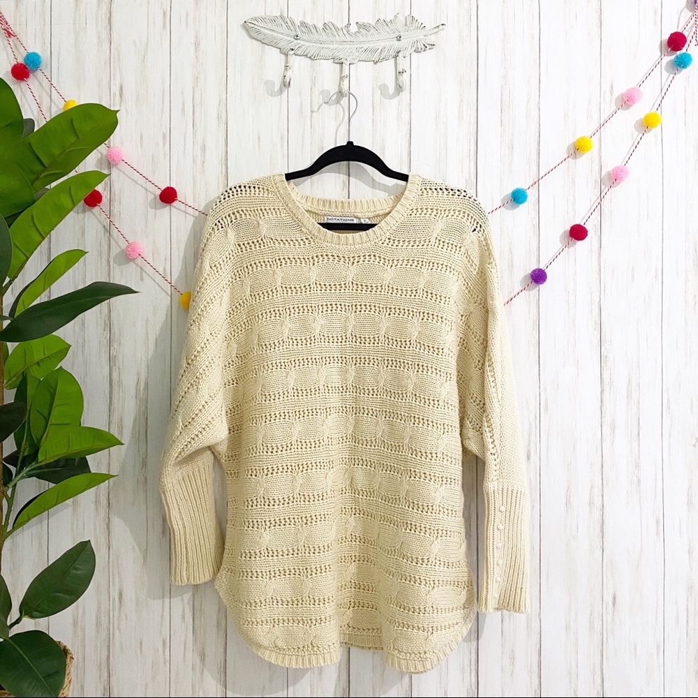 Vintage Notations Chunky Cable Knit Sweater With Pearls Cuffs XL